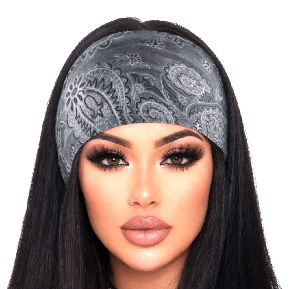 Gray Paisley Bandana Print Headband | Wide Twist Knot Hair Wrap | Boho Festival